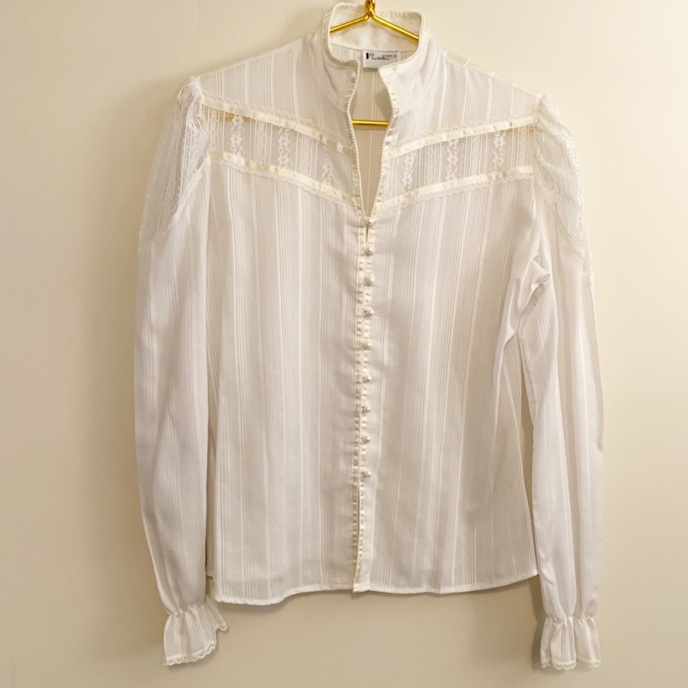 Vintage Pearl Trim 80s Cottage Blouse M